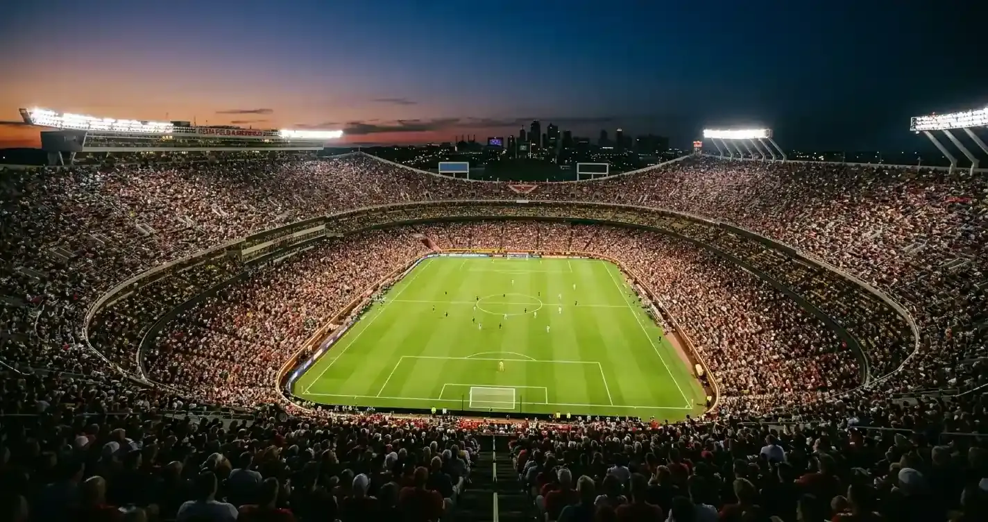 En öppen fotbollsarena under kvällshimmel med grönt gräs och upplyst plan