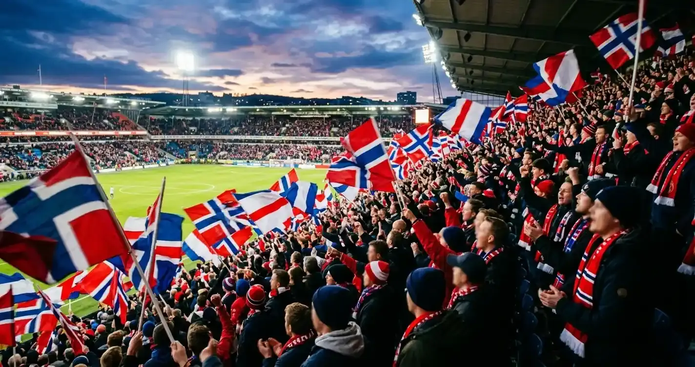 Norska supportrar i rött, vitt och blått på en VM-arena