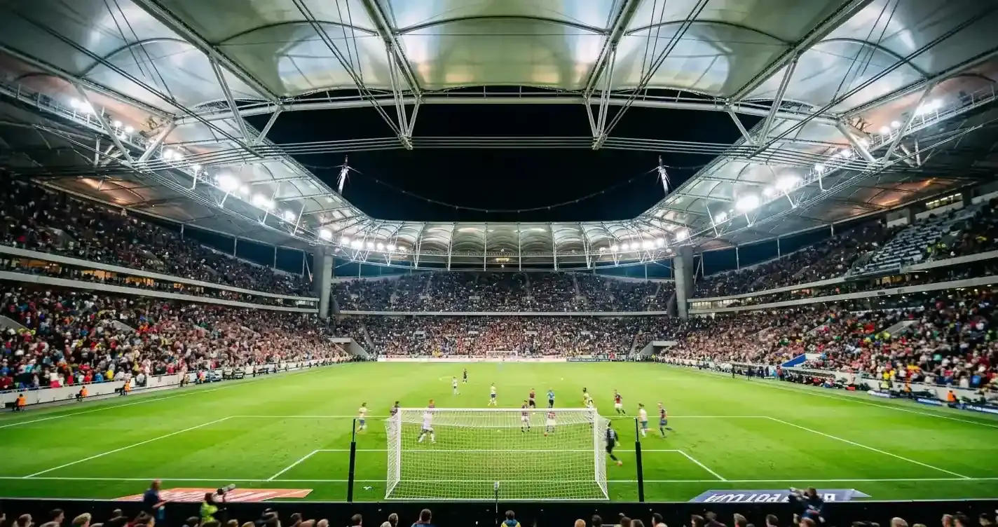 En kvällsmatch på en stor arena med tak — fotbollsplan i skarp fokus