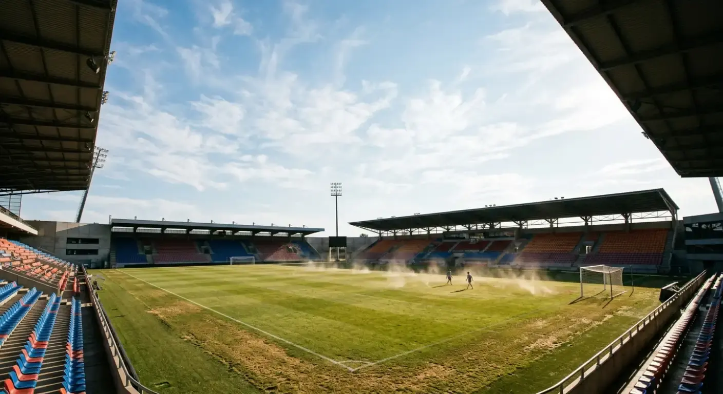 Fotbollsplan i skarp eftermiddagssol med värmedis över gräset