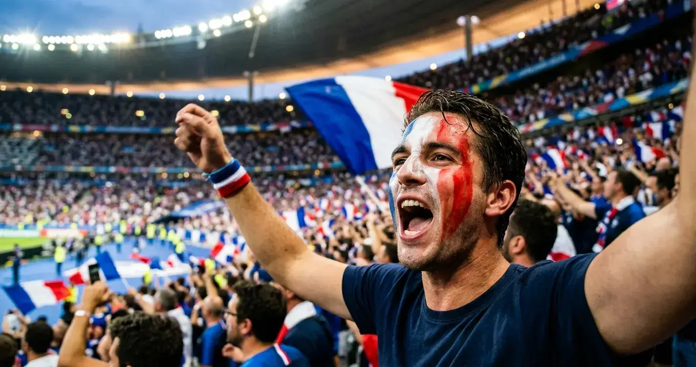 Fransk landslagssupporter i trikolorens färger på en VM-arena