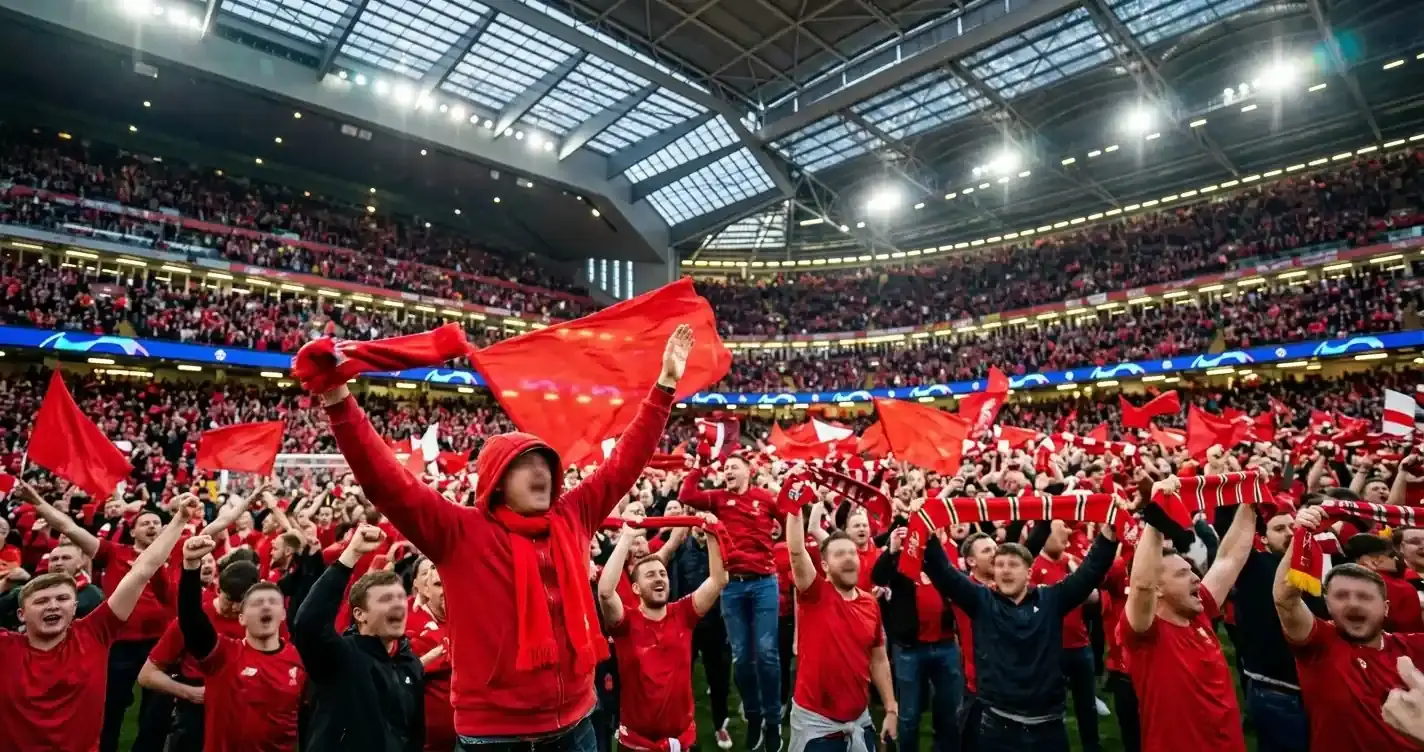 Fotbollssupportrar i rött firar på en modern VM-arena