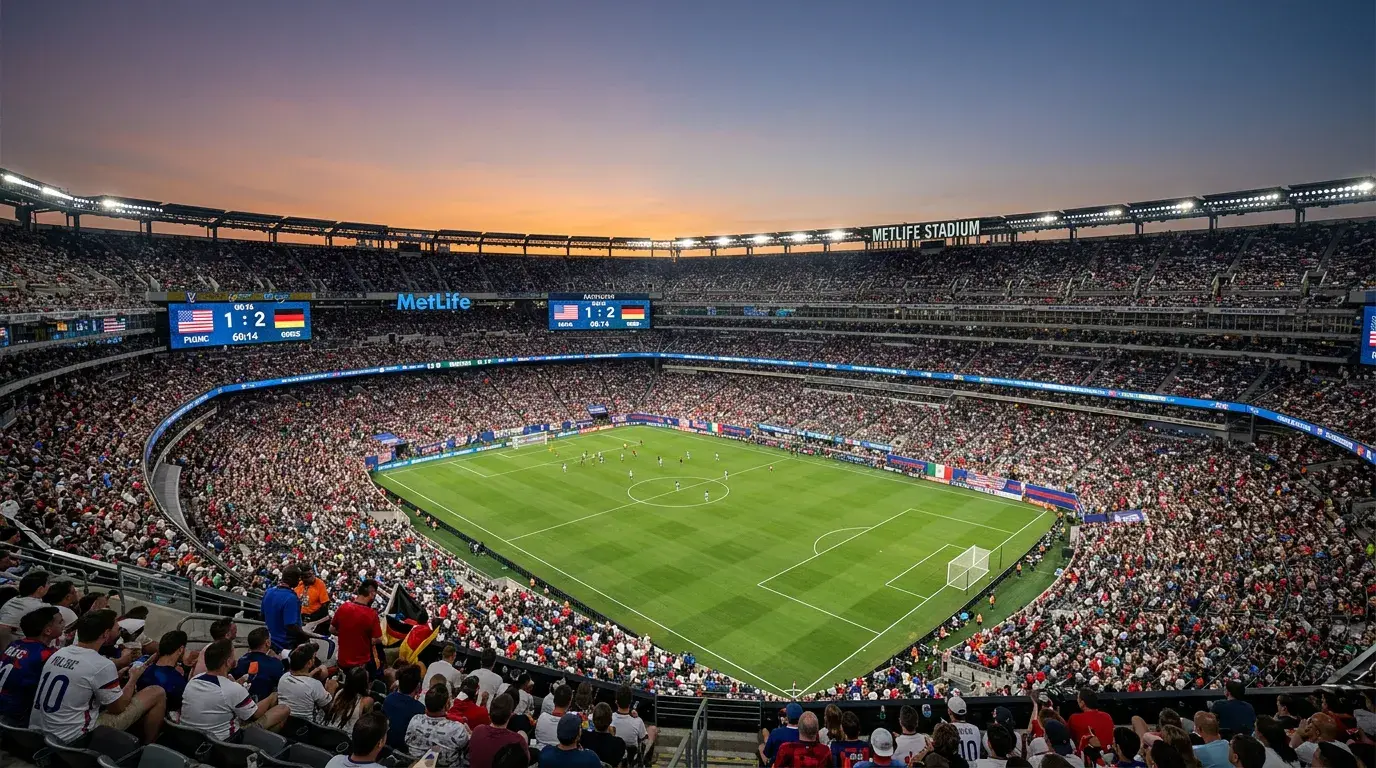 MetLife Stadium i New Jersey förberedd för en stor fotbollsmatch med grönt gräs och fyllda läktare