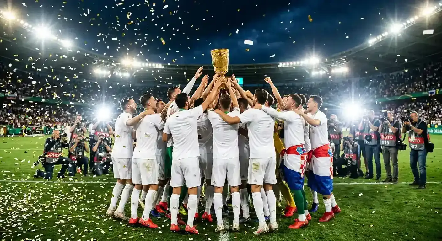 Spelare i vitt firar med en guldpokal på en fotbollsplan under konfetti och strålkastarljus