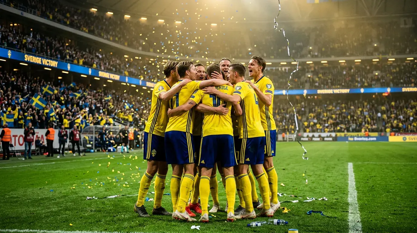 Svenska landslagsspelare i gula tröjor firar efter en avgörande VM-kvalificeringsmatch