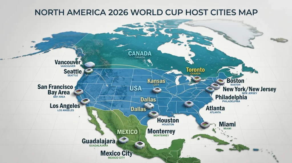 Karta över VM 2026 arenor i Nordamerika