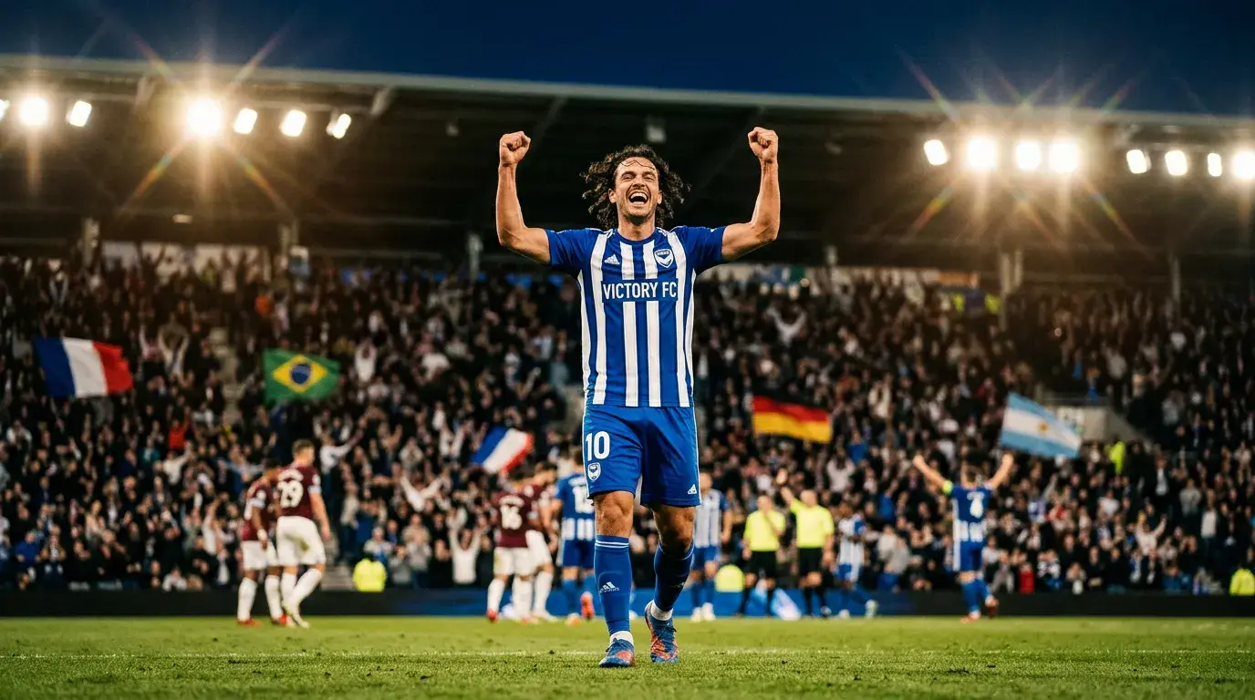 Fotbollsspelare som firar mål på en fullsatt arena under VM 2026