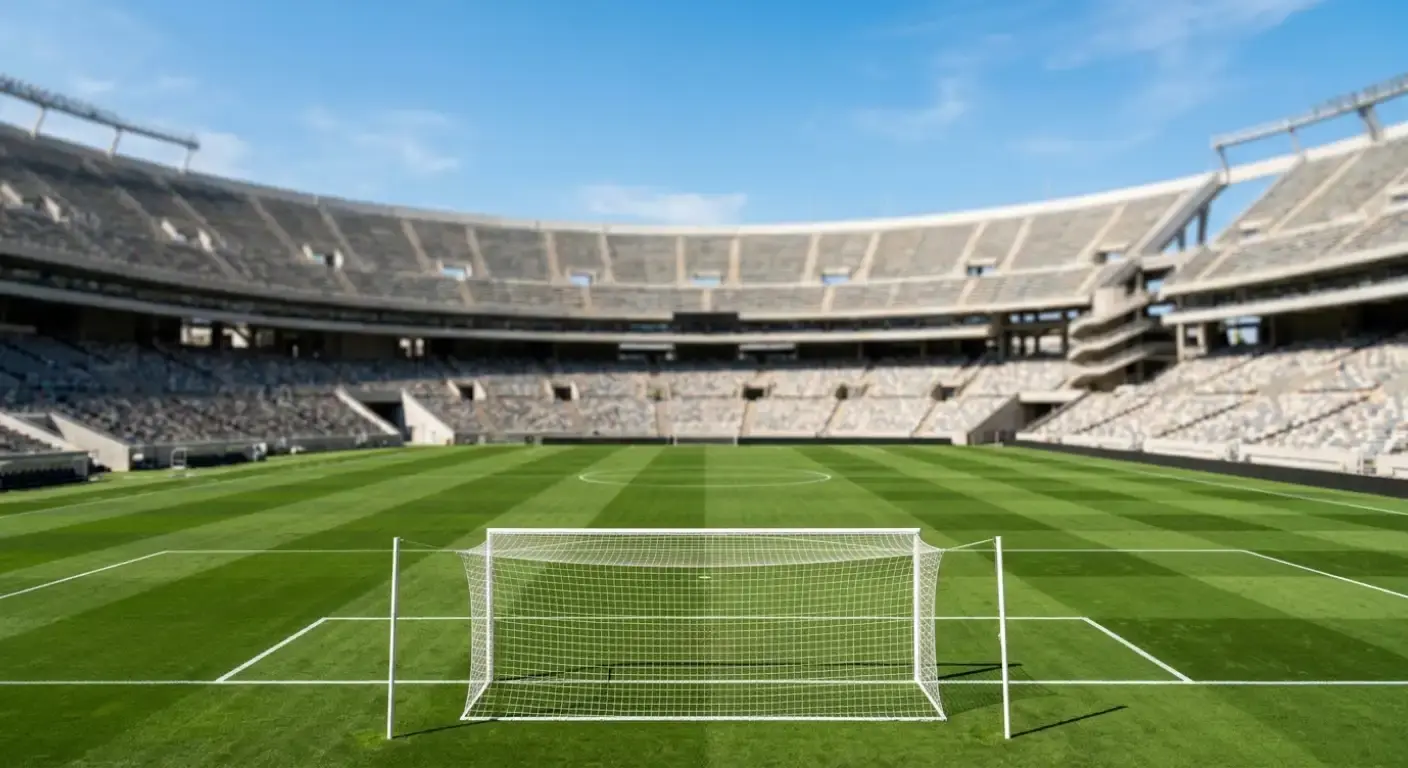 Fotbollsstadion utan tak i dagsljus inför en final, tomma målburen i förgrunden