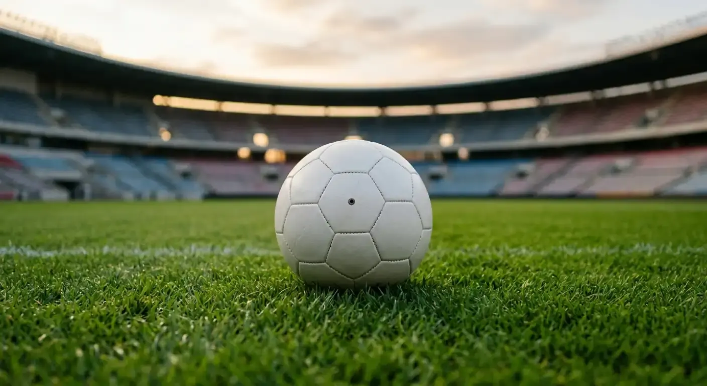 Närbild av en fotboll på gräset i ett tomt stadion