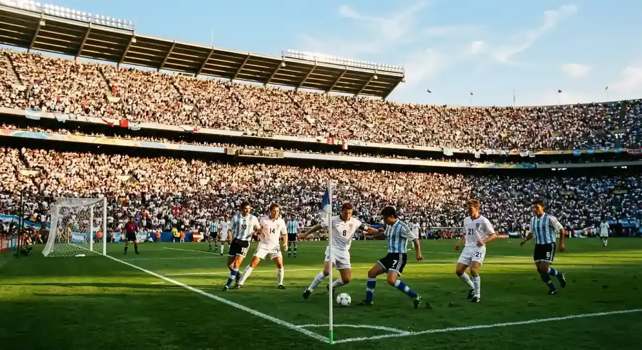 Fullsatt fotbollsarena i eftermiddagssol under en VM-final, spelare i vitt och blårandigt på planen