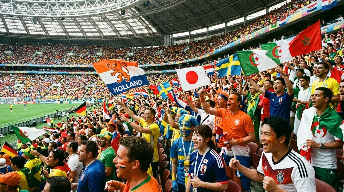 Internationell fotbollspublik med flaggor från olika länder på en VM-arena