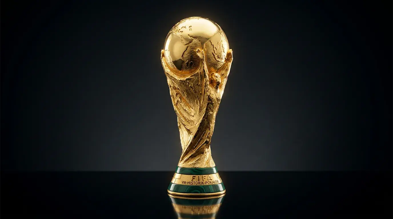 VM-pokalen i guld med reflektioner av ljus mot en mörk bakgrund